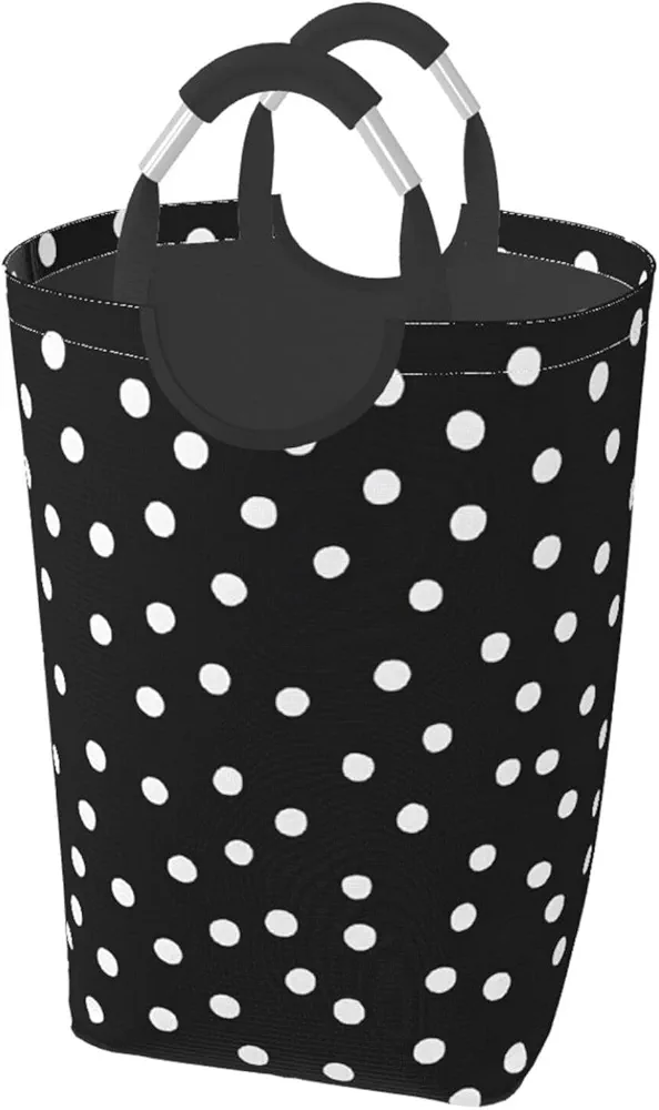 Laundry Basket Collapsible Clothes Hamper for Dirty Clothes, Laundry Bag with Handles Blanket Toys Storage Blanket, Dorm Room Essentials Accessories - Black White Polka Dots