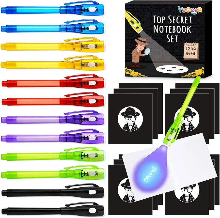 12 Pack Invisible Ink Pen with Notebook Set for Kids 4-12, UV Pen Light, Spy Pen Party Supplies, Birthday Party Favors for Kids 4, 5, 6, 7, 8, 9, 10, 11, 12, Classroom Prizes for Boys Girls