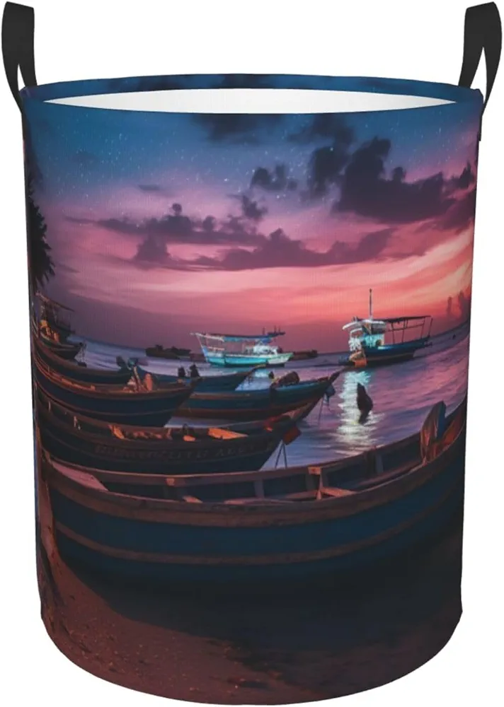 Boat Docked at Beach Print Laundry Basket Circular Laundry Hamper with Handles Waterproof Circular Hamper Dirty Clothes Basket Portable Storage Bin for Home Organizer Living Room Bathroom Car Small