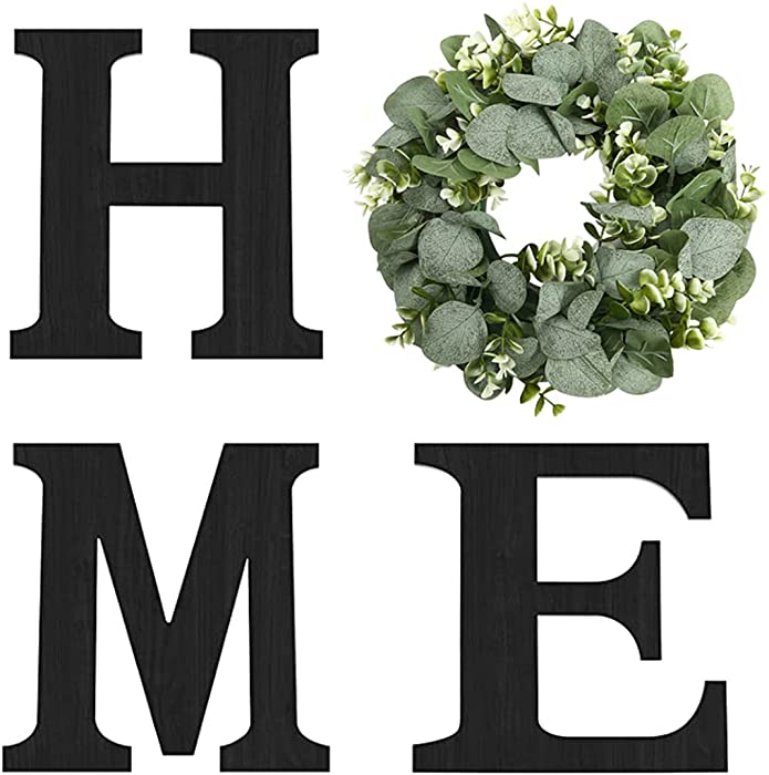 Wood Home Sign with Artificial Eucalyptus Wreath for O, Hanging Farmhouse Wall House Decor - Wood Home Letters for Wall Art Rustic Home Decor, Home Wall Decor for Living Room Kitchen Entryway Housewarming Gift (Black)