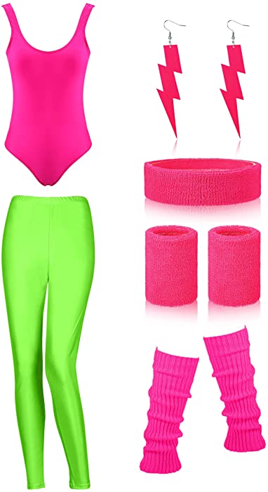 Womens Retro 80s/90s Workout Costume Outfit Set Swimwear Bathing Suits Leotard Neon Legging Headband Wristbands Earrings Set