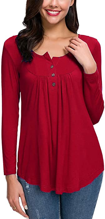 HAOMEILI Women's Henley Shirts Casual Blouse Long Sleeve Button Up Tunic Tops Solid Color Fit Flare