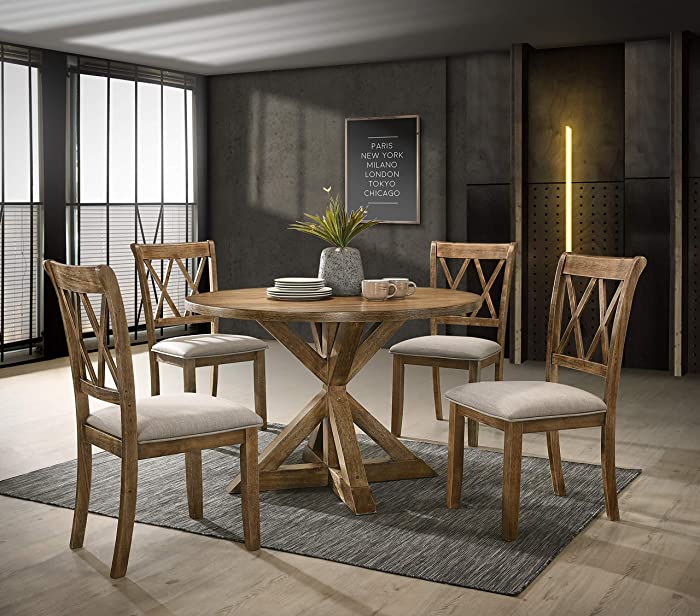 Roundhill Furniture Windvale Cross-Buck Wood 5-Piece Dining Set, Brown