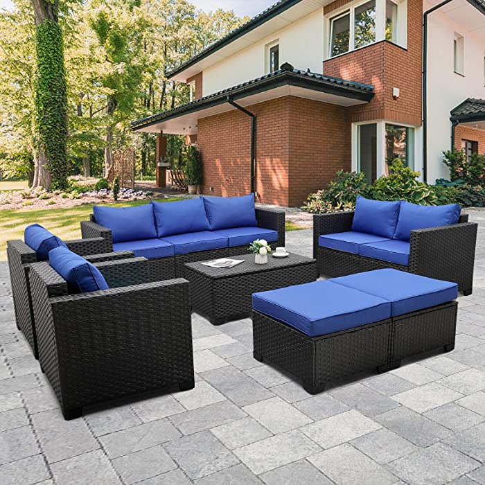 Rattaner Patio PE Wicker Furniture Set 7 Pieces Outdoor Black Rattan Conversation Seat Couch Sofa Chair Set with Royal Blue Cushion and Furniture Covers