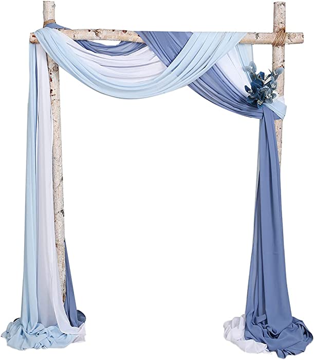 SHERWAY 3 Panels Chiffon Fabric Drapery Wedding Arch Drapes, Party Backdrop Curtain Panels, Ceremony Reception Swag Decoration (27 x 216 Inch, White & Light Blue & Dusty Blue)