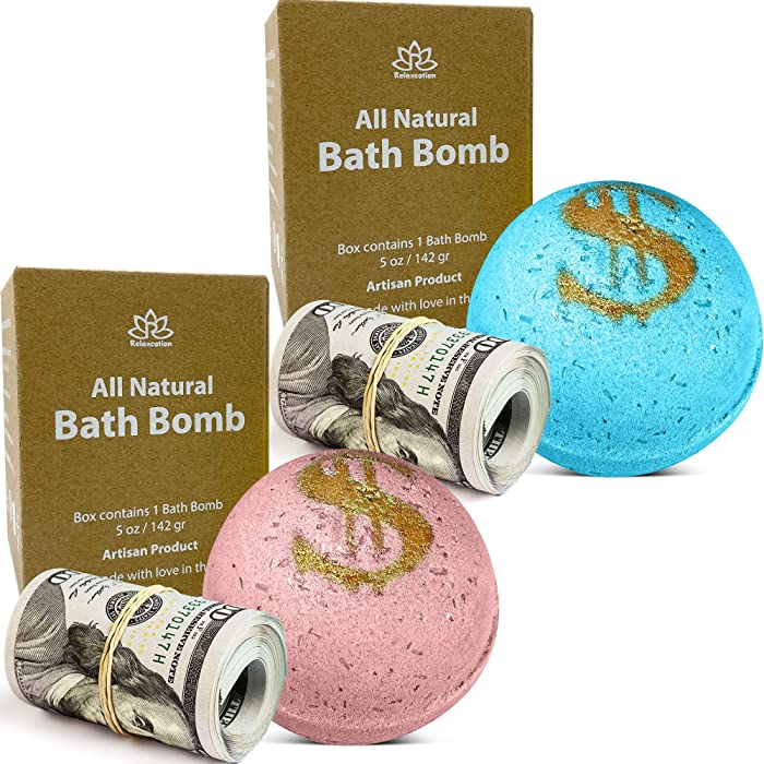 2 Bath Bombs Set with Cash Surprise Inside - Real Money Up to $100 Bill in Each - Natural and Organic Ingredients - Made in USA