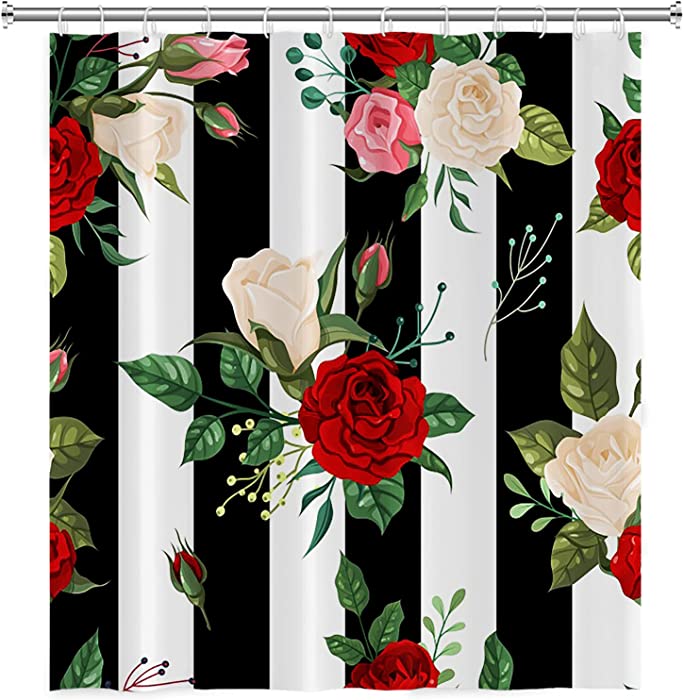 Leowefowa Flower Shower Curtain Black White Stripes Red Rose Peony Floral Bloom Shower Curtains Bouquet Spring Plant Nature Botanical Elegant Chic Girls Bath Curtain Polyester Fabric 72Wx72H Inch