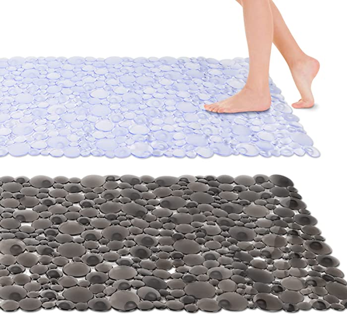 2 Pack Bath Tub Shower Mat Non Slip 38x15.35 Inch, Extra Large Bathtub Mat with Drain Hole and Suction Cups, Durable Bath Mat for Tub & Bathroom Floor, Machine Washable (Clear Blue & Clear Black)