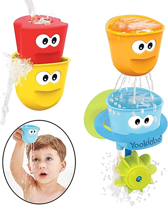 Yookidoo Baby Bath Toys - Fill 'N' Spill Set of Four Stackable Cups with Suction Cup Ring Holder and Water Wheel- Sensory Toy for Bath Time - Attaches to Any Bath Tub