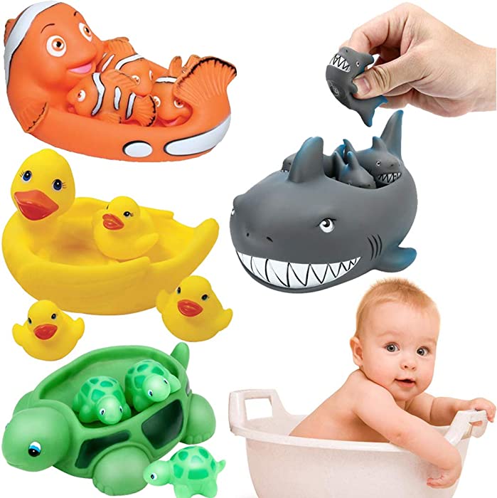 Liberty Imports Ocean Animals Rubber Cute Family Bathtub Pals Floating Duck Shark Clownfish Turtle Bath Toys Value Pack (Set of 4)