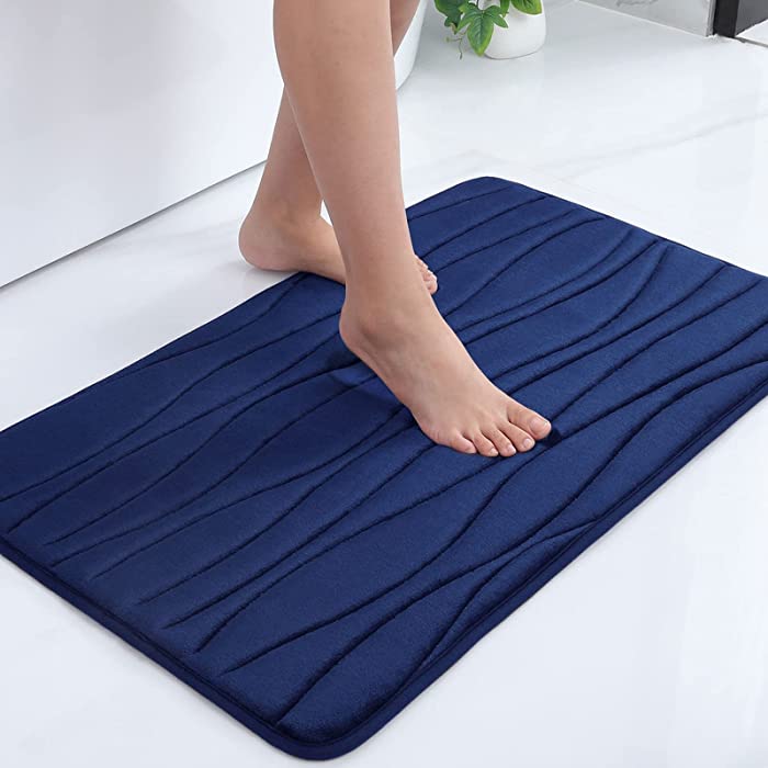 Buganda Memory Foam Bathroom Rug Mat, Ultra Soft Cozy Velvet Bath Rugs, Non-Slip Absorbent Bath Mat, Machine Washable Bathroom Mat for Bathroom Floor, Shower and Bathtub (17''x24'', Navy Blue)