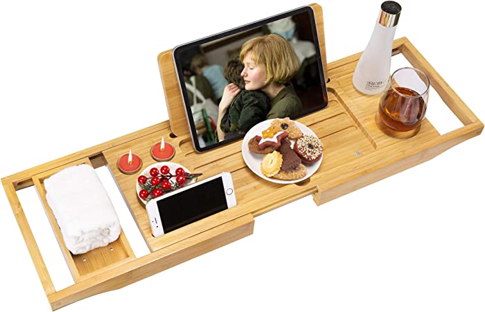 Premium Bamboo Bath Tray Table, Expandable Bathtub Tray Rack,Bathtub Caddy Table with Book Wine Phone Holder (1 Sliding Tray)