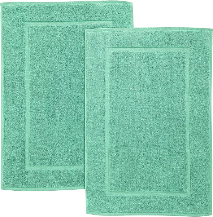 Bliss Casa Cotton Banded Bath Mats (2 Pack) 20 x 32 Inch Genuine Ring Spun Cotton Highly Absorbent Bath Mat Set Washable Bathroom Floor Towel (Mint)