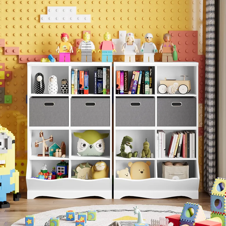 Toy Storage Organizer, Kids Bookshelf with 2 Bins and Cubby, for Boys Girls, Kids Room, Playroom, White