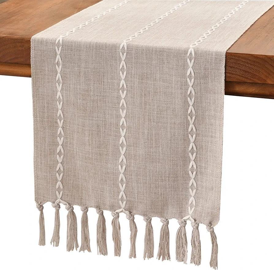 Wracra Rustic Linen Table Runner Farmhouse Style Table Runners 72 inches Long Embroidered Table Runner with Hand-tassels for Party, Dresser Decor and Dining Room Decorations(Light Coffee, 13"×72")