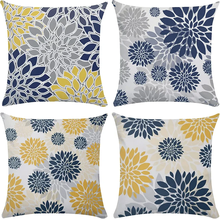 Navy Blue Yellow Dahlia Throw Pillow Covers 18x18 Set of 4 Teal Gray Floral Cushion Covers Modern Decorative Soft Plush Cushion Cases for Bed Couch Sofa Living Room