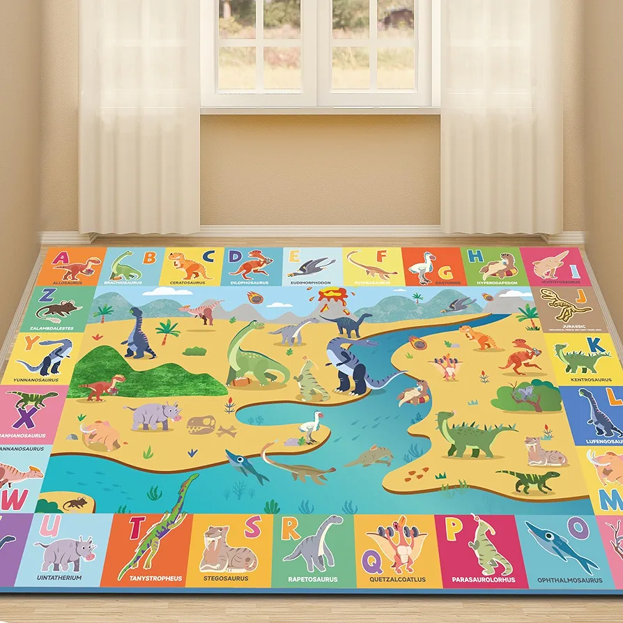 Dinosaur World ABC Kids Rug, TPR Nonslip Educational Area Rugs with Animals and Words Toddler Baby Child Playmat Carpet Rug for Classroom Playroom Bedroom