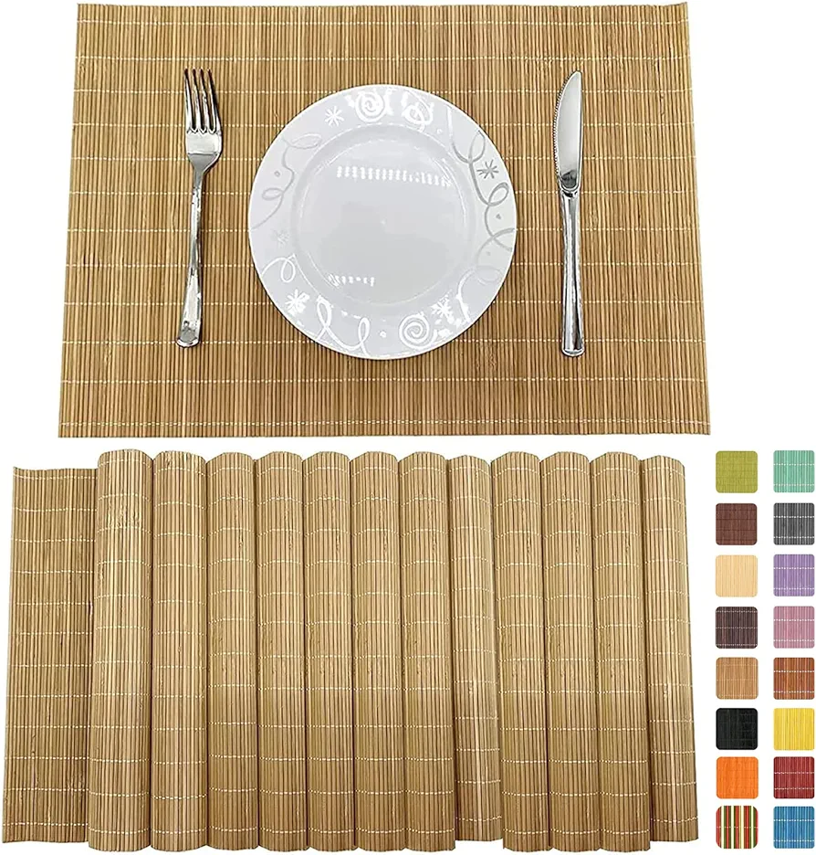 ANDSTAR Set of 12 Pcs Bamboo Placemats Sushi Rolling Mat Japanese Style Natural Anti-Slip Bamboo Placemats Washable Heat-Resistant Table Mats for Dining Room and Kitchen（Brown）