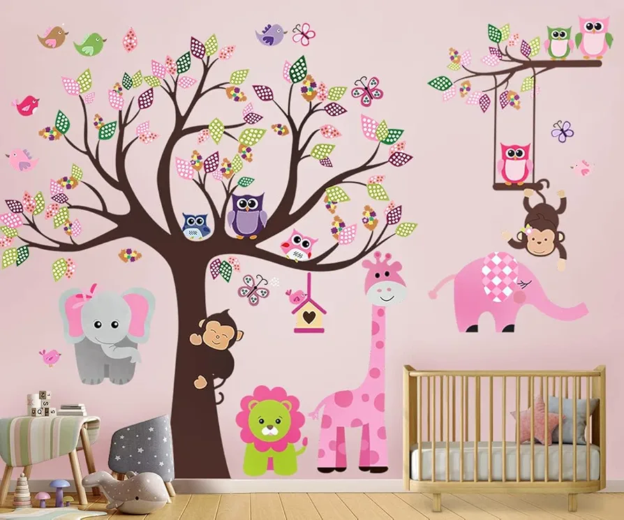 DEKOSH Kids Pink Jungle Theme Peel & Stick Girl Nursery Wall Decal, Colorful Owl Giraffe Lion Tree Decorative Sticker for Baby Bedroom, Playroom Mural