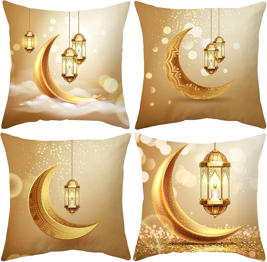 Ramadan Pillow Covers 18x18 inch Set of 4 Moon and Star Pillow Cases Square Decorative Cushion Cases for Couch Living Room