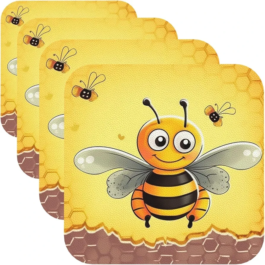 Drink Coasters with Holder Bee on The square Leather Coasters Round Coaster for Drinks Tabletop Protection Cup Mat Decorate Cup pad for Coffee Table Kitchen Dining Room Bar Decor