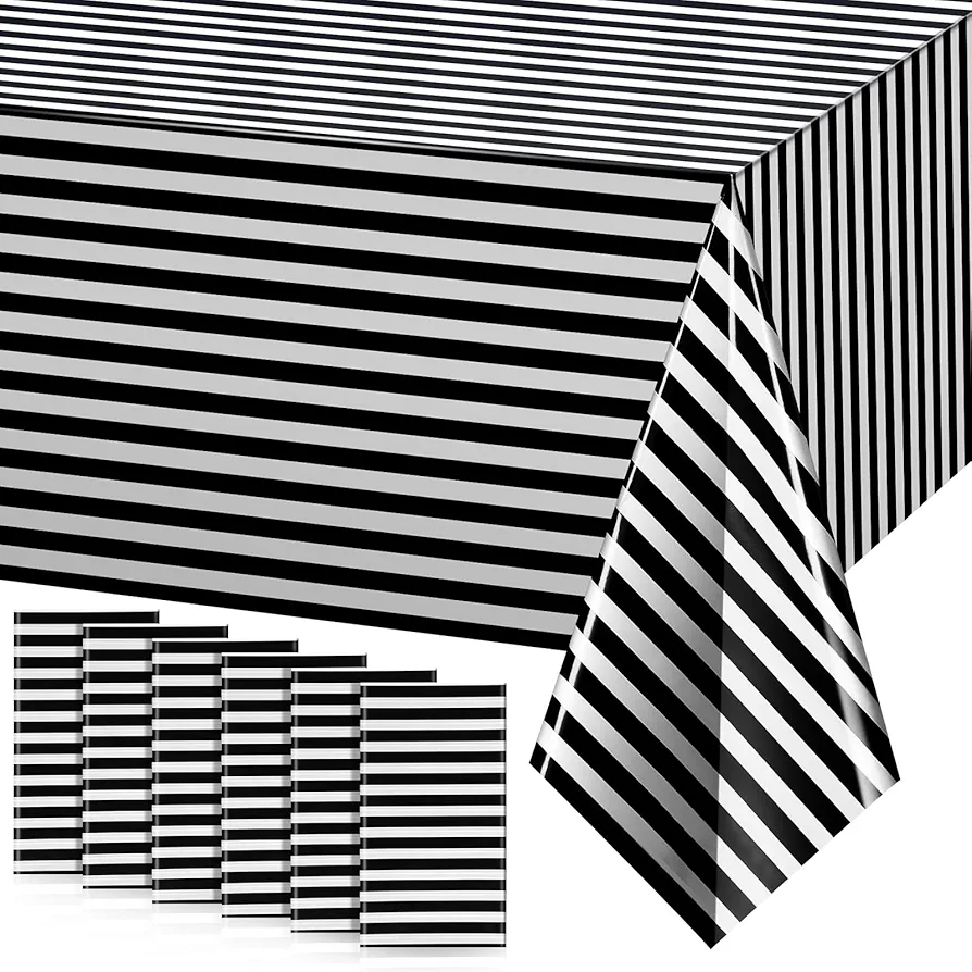 6 Pieces Plastic Black and White Stripe Tablecloth, 54 x 108 Inch Geometric Stripe Waterproof Table Cover, Disposable Rectangle Table Cloth for Kitchen Dining Room Holiday Party Picnic Decoration