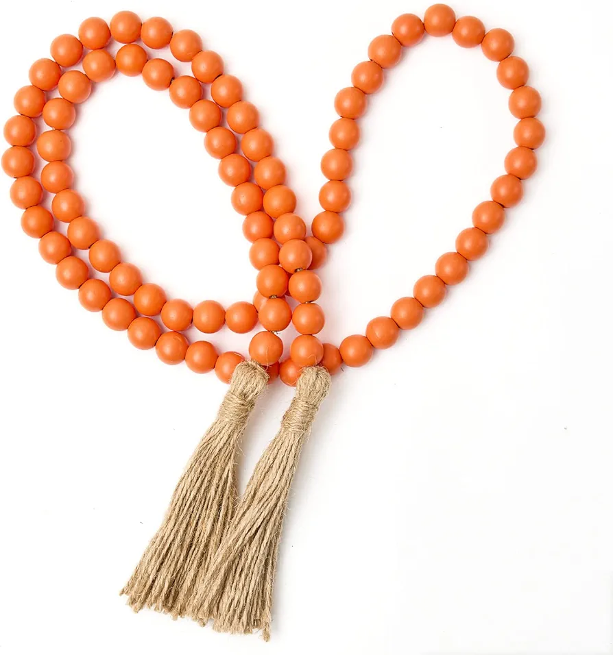 59in Wood Bead Garland with Tassels, Wooden Beads Garland, Decorative Beads Garland Decor, Farmhouse Beads Garland for Wall Hanging Home Festival Decor, Orange