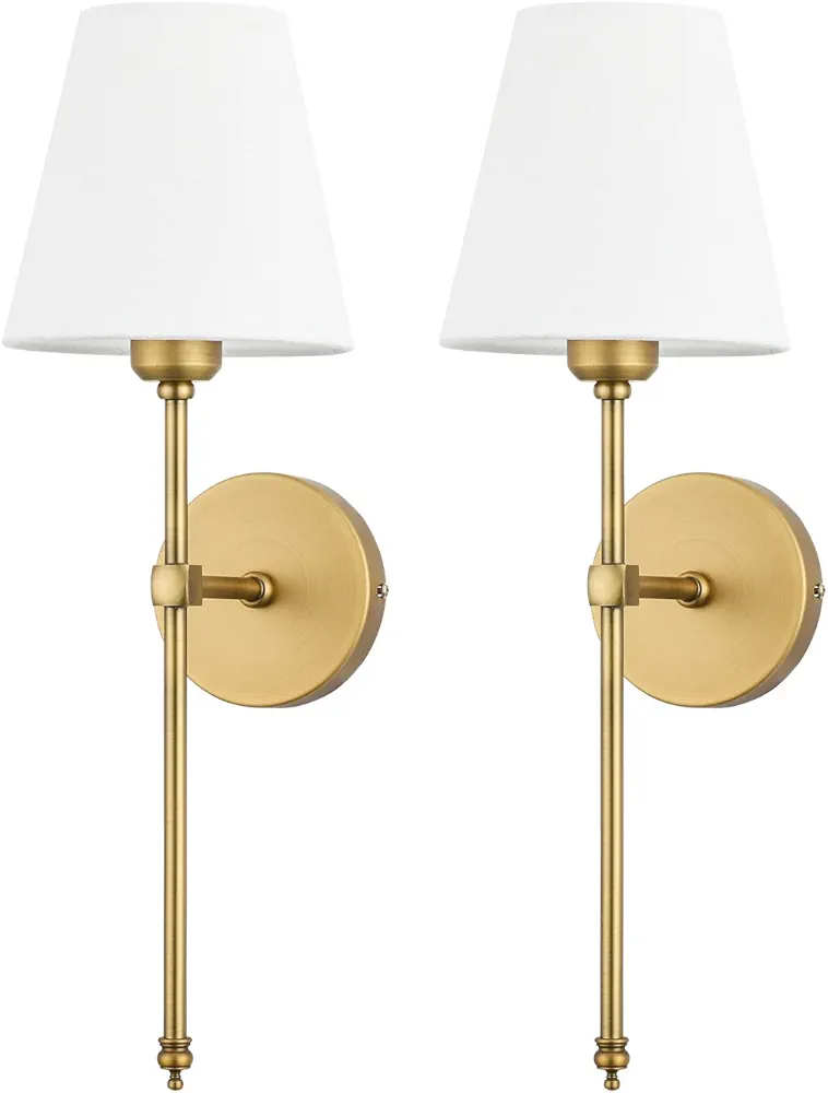 Bsmathom Wall Sconces Sets of 2, Classic Brushed Brass Sconces Wall Lighting, Hardwired Bathroom Vanity Light Fixture with Fabric Shade for Bedroom Living Room Hallway Kitchen, Gold