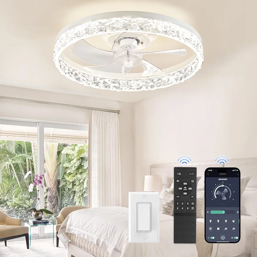 19.7" Ceiling Fans with Lights, Low Profile Ceiling Fan and Remote, Flush Mount Bladeless Ceiling Fans, Stepless Dimmable LED Light, White Fixtures for Bedroom, Living Room