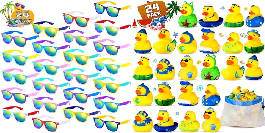 SCIONE 48 Pack Summer Party Favors, 24PCS Kids Sunglasses and 24PCS Summer Rubber Ducks with Net Bag for Pool Beach Toys,Summer Birthday Gifts Holiday Party Favors Classroom Prizes for Kids