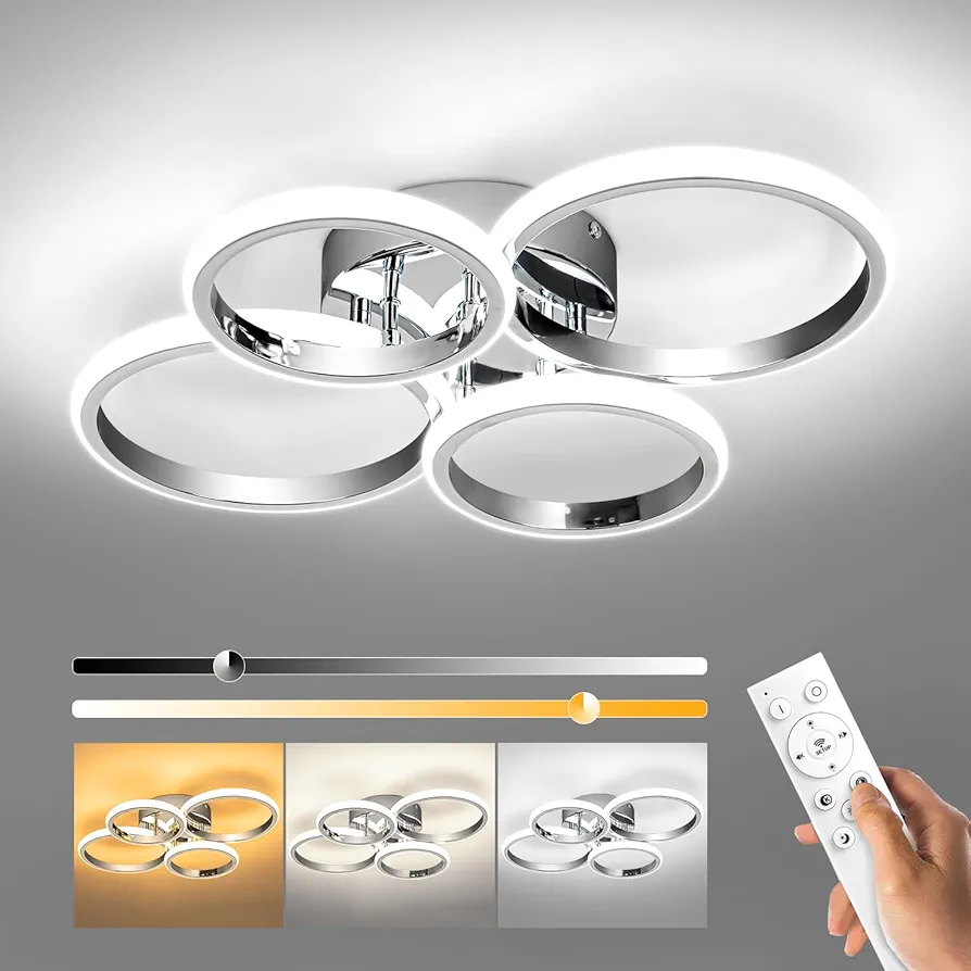 21.3in Chrome Modern LED Ceiling Light Fixture with Remote Control, 3000K-6500K 3-Color Dimming Circle Modern Ceiling Lamp Bedroom Kitchen Living Room Dining Room