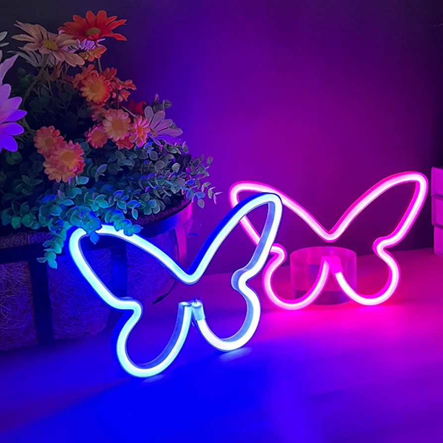 2 Pieces Butterfly Neon Signs, Butterfly LED Neon Light for Bedroom Wall Decor, USB/Battery Powered Butterfly Neon Night Lights for Kids Room Decor Girls Home Wedding Birthday Party Art Decorations