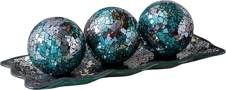 KMwares 12.4” Mosaic Glass Decorative Tray Dish Plate with 3pcs 3" Decorative Orbs Balls Sphere Decor for Living Room or Dining Coffee Table Mantle Decor Centerpiece (Turquoise)