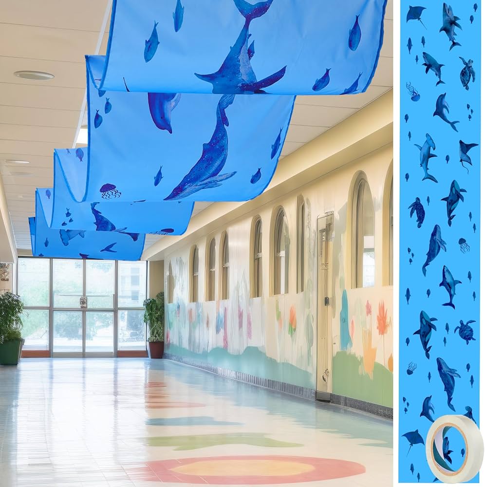 1 Pcs Under The Ocean Shark Themed Birthday Party Decoration 32 Inch x 16 ft Ocean Whale Shark Bunting Banner with Tape Ocean Ceiling Decor for Baby Shower Ocean Birthday Party Classroom