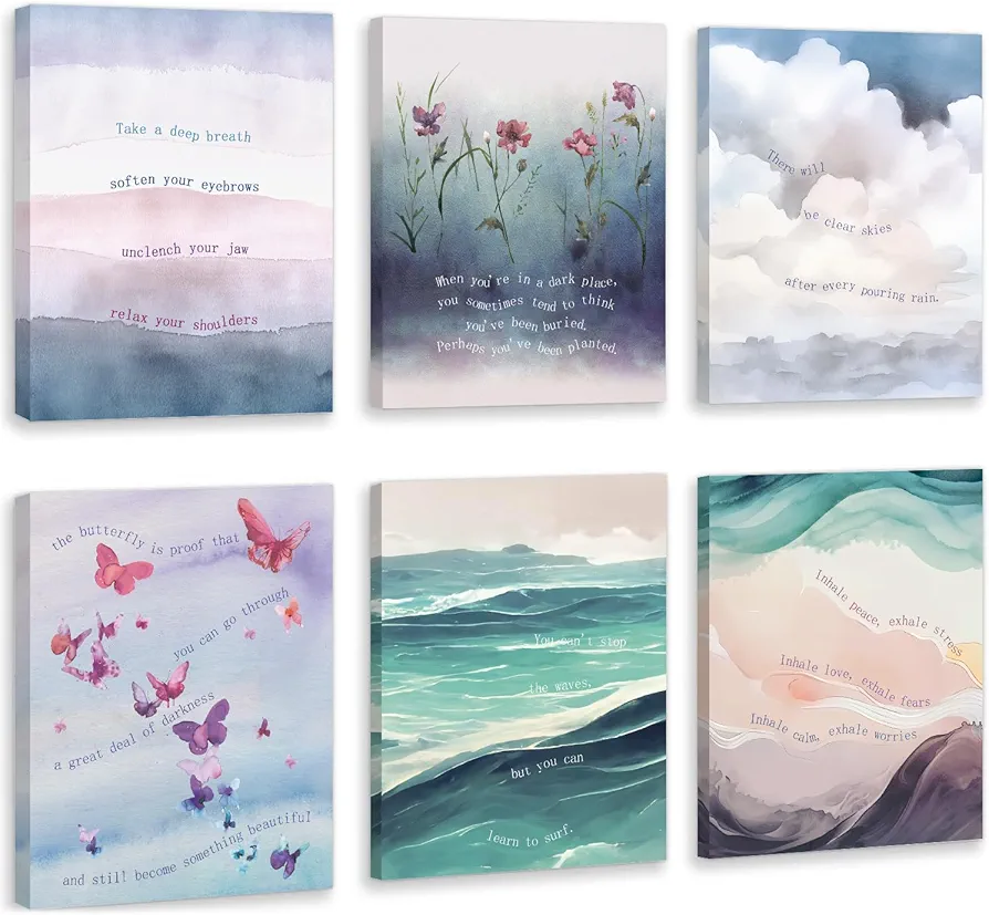 HOURIA Framed Watercolor Mental Health Canvas Wall Art Inhale Exhale Wall Decor,8x10 Set of 6 Therapist Psychologist Office Decor inspirational Art Print For Bedroom,Calming Corner,Counseling Room