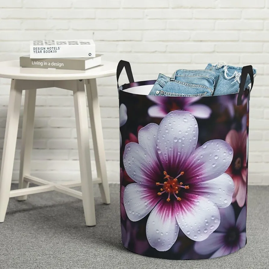 Laundry Basket Waterproof Laundry Hamper With Handles Dirty Clothes Organizer Blossom Flower Print Protable Foldable Storage Bin Bag For Living Room Bedroom Playroom, Small, Black