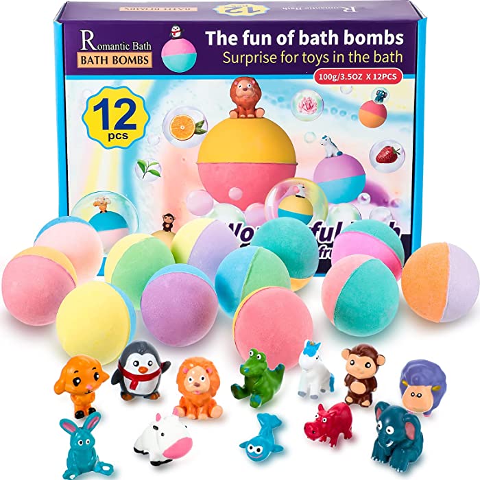 12 Pieces Bath Bombs for Kids with Surprise Toys Inside Organic Bubble Bath Fizzies with Animal Toys Kids Bath Balls Fun Assorted Color Bath Bombs Safe SPA Fizz Bombs for Kids Women Bath Party Favor