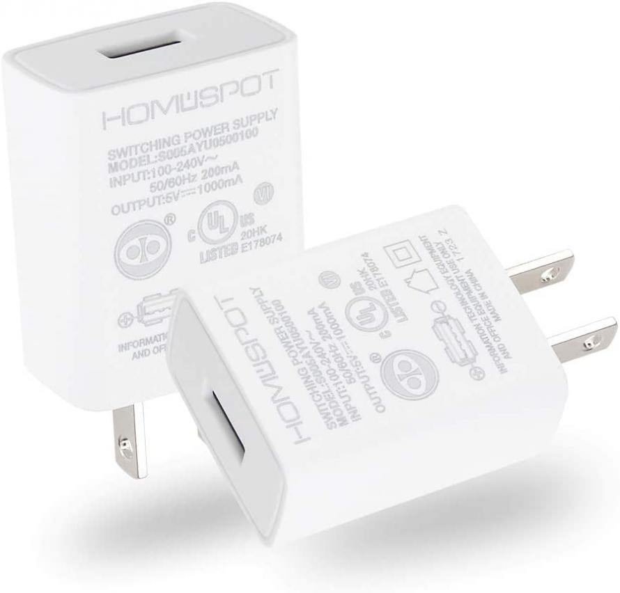 UL Certified USB Wall Charger by Homespot 5V1A Plug in-Door Power AC Adapter for Travel Office Home Use - 2 Pack White