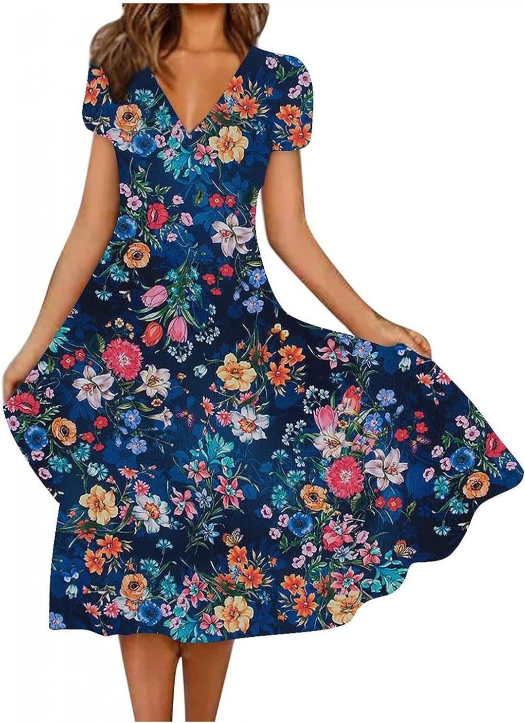 amidoa Sexy Womens V Neck Bohemian Dresses Short Sleeve Summer Midi Dress Aesthetic Floral Printing Sundresses Maxi Dress