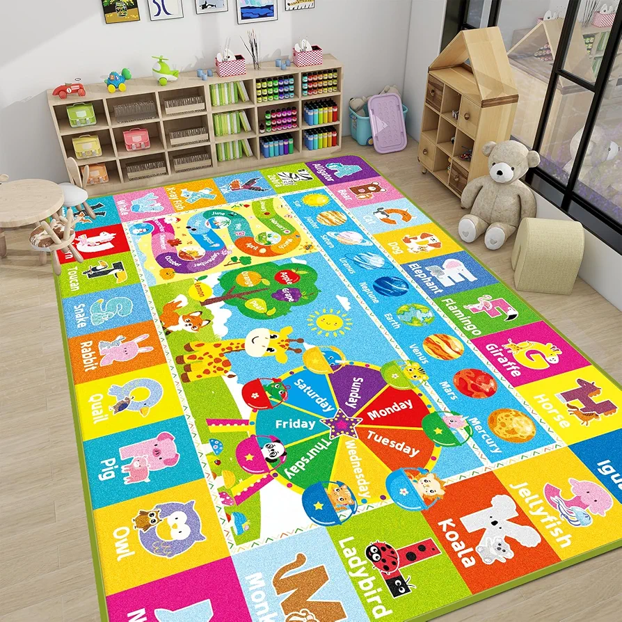 Kids Rug for Playroom, Kids ABC Educational Rug for Kids Room, Kids Carpet with Animals, Month, Weeks, Fruit, Planets Learning Rugs for Classroom Bedroom, Kids Baby Play Mat (59 X 39.4 INCH)