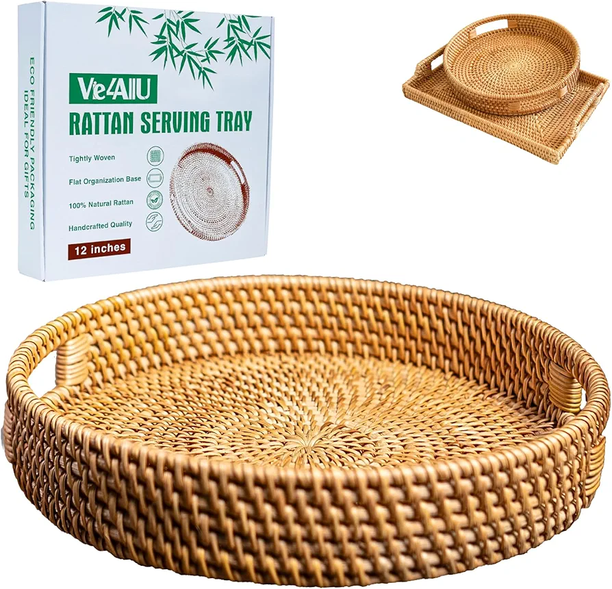 Rattan Tray Round 12" with Upgraded Package, 100% Natural Handmade Decorative Tray for Coffee Table Or Ottoman, Wicker Serving Basket, Large Circle Tray for Living Room, Bathroom and Outdoor