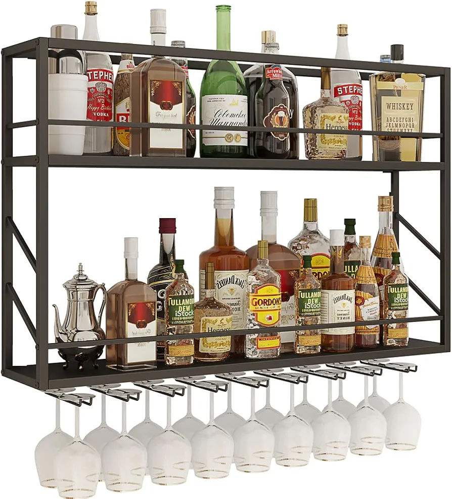 Wall Mounted Wine Rack 2 Tier, Metal Bar Liquor Shelves and Glass Holder,Wall Bar Shelf Wine Display Storage Holder for Home Bar, Dining Room, Kitchen (39.3×7.8×26in)