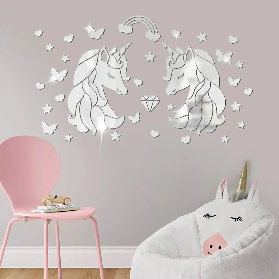 3D Acrylic Mirror Wall Decor Stickers Unicorn Wall Decals for Girls Bedroom Baby Nursery Kids Room(Silver)