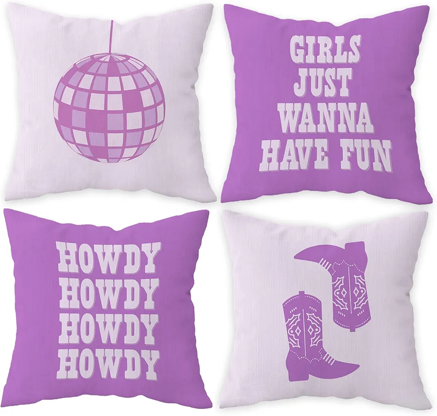 Girls Just Wanna Have Fun Pillow Covers 18x18 Set of 4, Western Preppy Pillow Cases, Preppy Room Bedroom Decor, Purple Howdy Cowgirl Boots Disco Ball Pillows Decorative Throw Pillows Cover