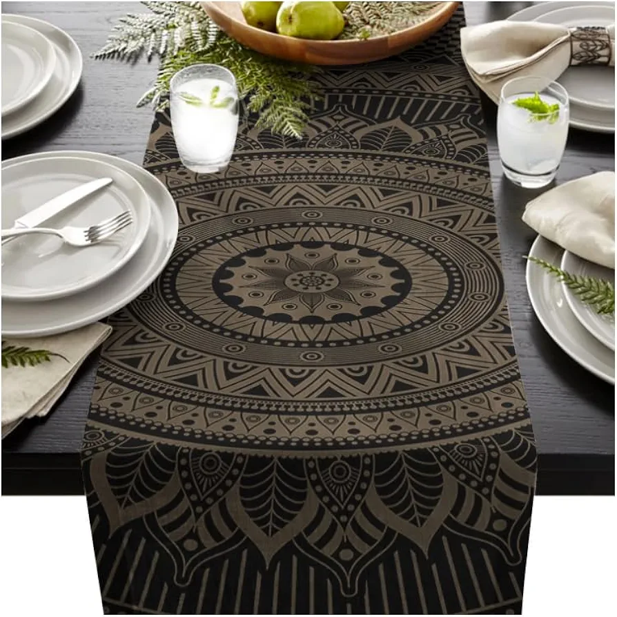 African Table Runner for Kitchen and Dining Room Decor (Black Mandala, Table Runner)