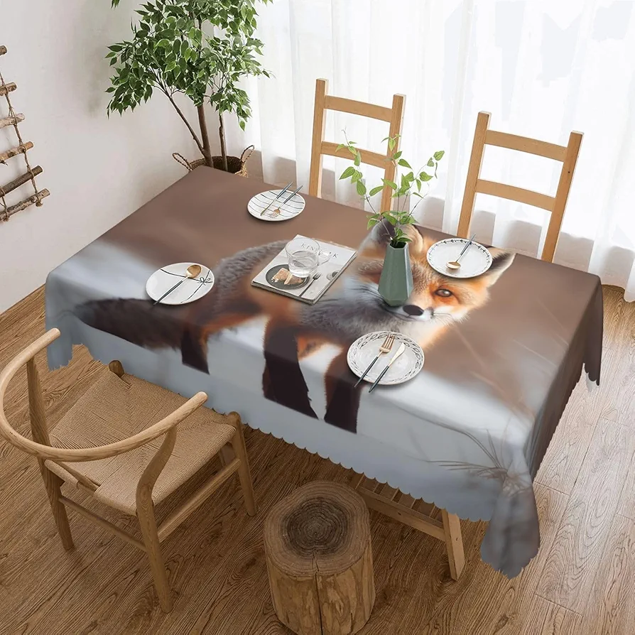 Cute Fox Print Tablecloth Rectangle Table Cover 54 X72 in Waterproof Wrinkle Resistant Table Cloth for Indoor Outdoor Party Dining Room Decoration, Black