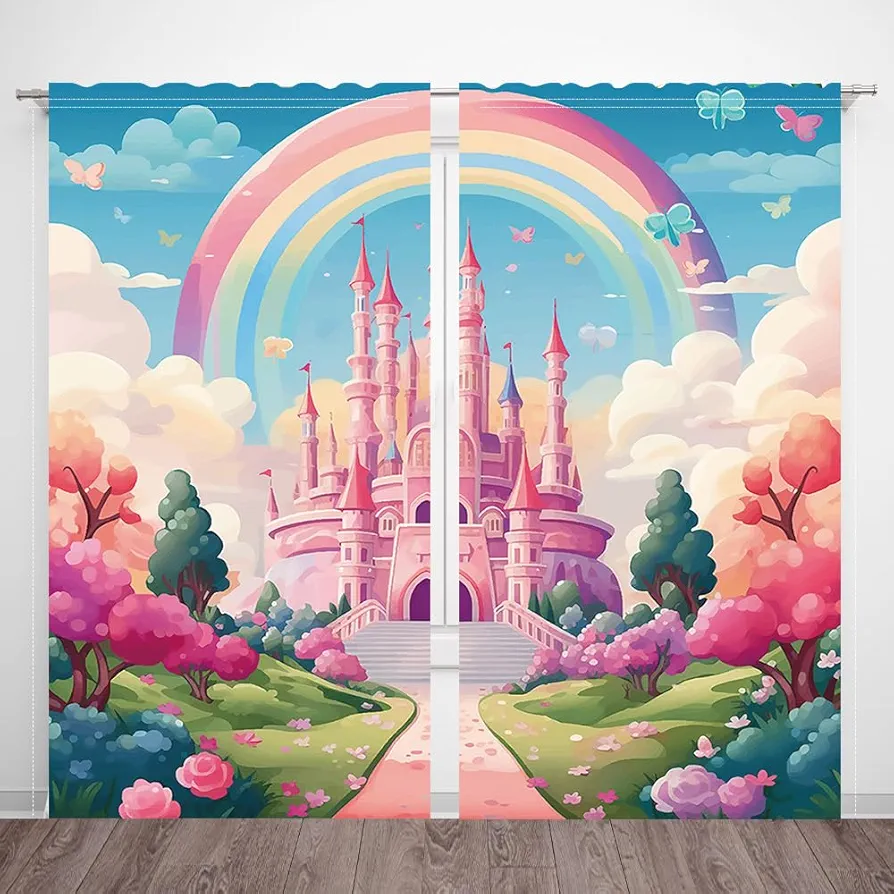 82 x 84 Inches Colorful Princess Castle Fairy tale World Window Curtain Magic Cartoon Girls Bedroom Window Decoration Living Room Bedroom Decoration Supplies Drapes 2 Panel