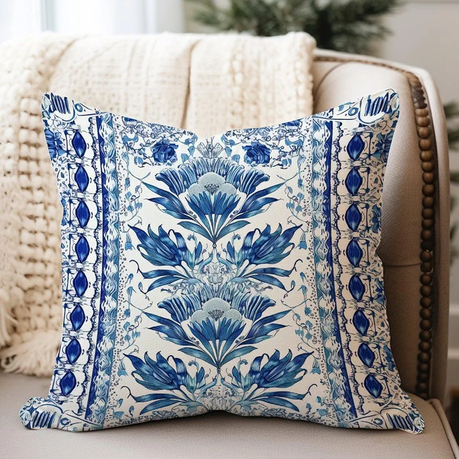 White and Blue Flower Damask Waterproof Sofa Pillowcase Chinoiserie Chic Garden Decor Outdoor Cushion Cover Damask Floral Geometry Blue Ikat Canvas Pillow for Living Room 16x16in