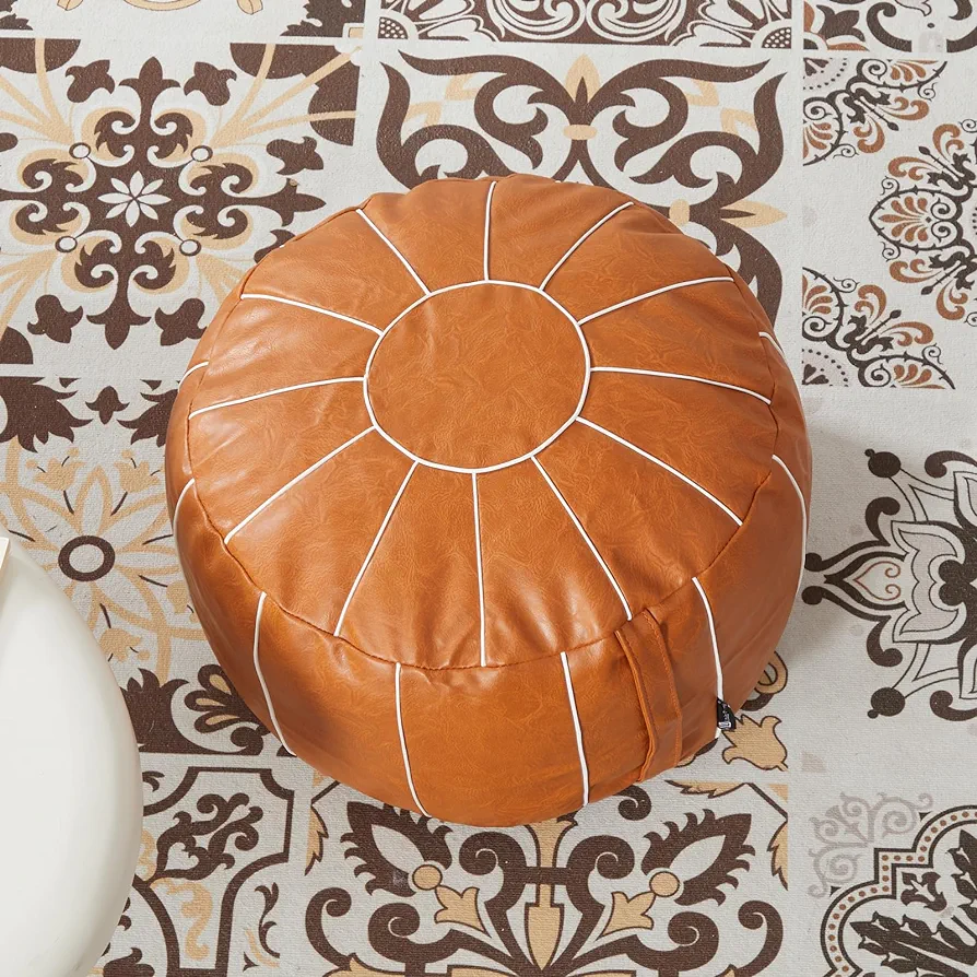 Louis Donné Pouf Ottoman Cover, Handmade Faux PU Leather Moroccan Style, Unstuffed Pouffe Ottomans, 20.8" Round, Foot Rest for Living Room, Floor Small Bean Bag Chair Gifts for Kids (Orange)