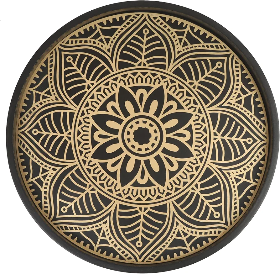 Round Serving Tray 12" - Rustic Wooden Decorative Tray for Farmhouse Coffee Breakfast Kitchen Table Centerpieces Living Room Boho Decor Countertop Modern Home Decorations Ottoman Tray Black